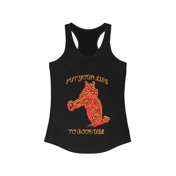 Black tank top, called the "Put Your Lips To Good Use Tanktop," featuring a neon-colored illustration of a cat playing a trumpet with the text "Put Your Lips to Good Use" in a curved font above and below the image.