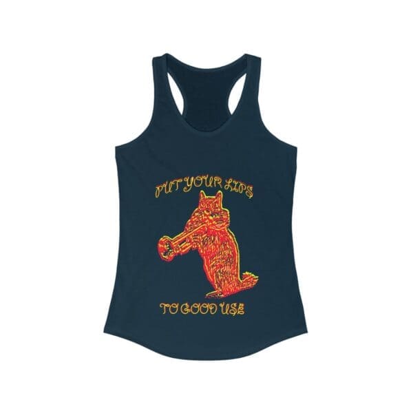 Navy blue tank top featuring a graphic of a cat playing a trumpet and text reading "Put Your Lips To Good Use".