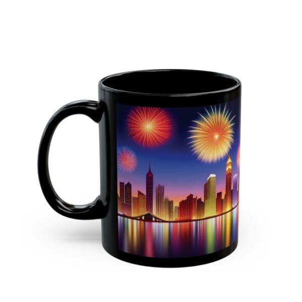 A City Skyline Fireworks Coffee Mug featuring a colorful cityscape and fireworks design is available in both 11oz and 15oz sizes.