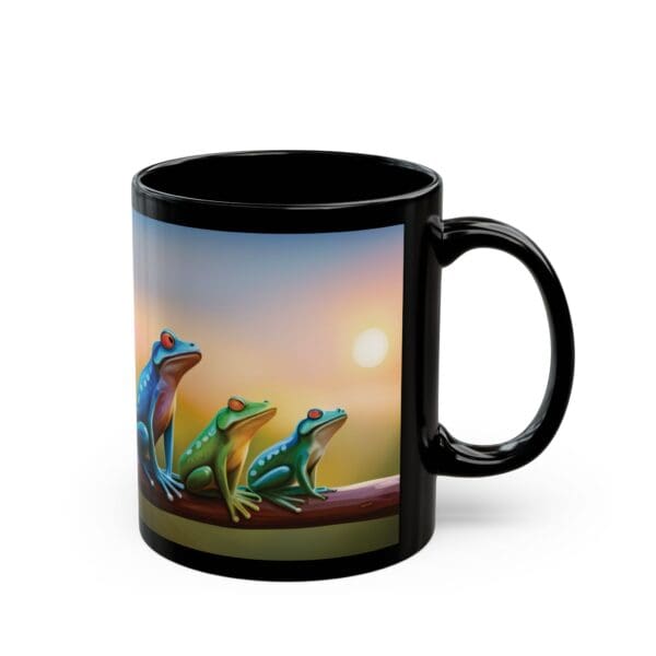 Experience your coffee in our Colorful Frogs Coffee Mug, available in 11oz and 15oz sizes, showcasing a vibrant image of three frogs sitting on a log with a stunning sunset backdrop.