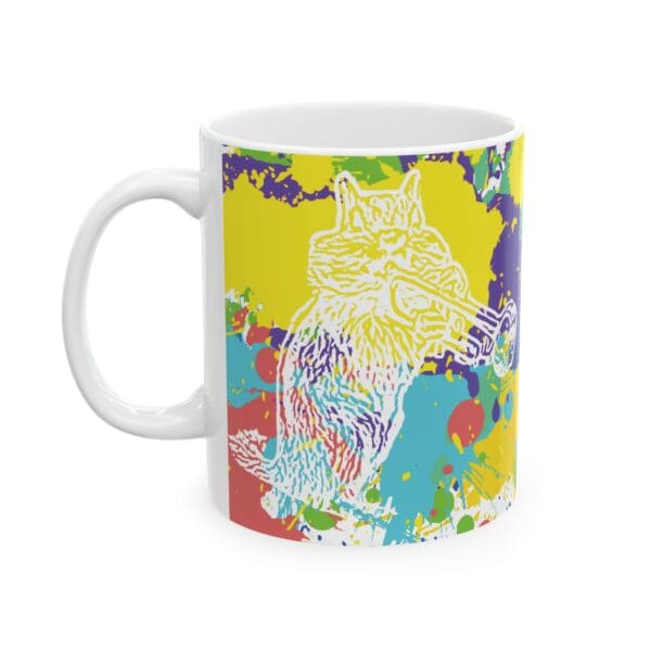 A Splash Chipmunk Coffee Mug showcasing a vibrant splatter background and a graphic of a raccoon playing a trumpet.