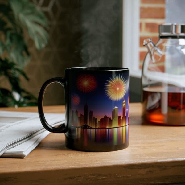 A City Skyline Fireworks Coffee Mug (11oz) rests on a wooden table next to a glass carafe of coffee and a newspaper, with a plant and brick wall as the backdrop.