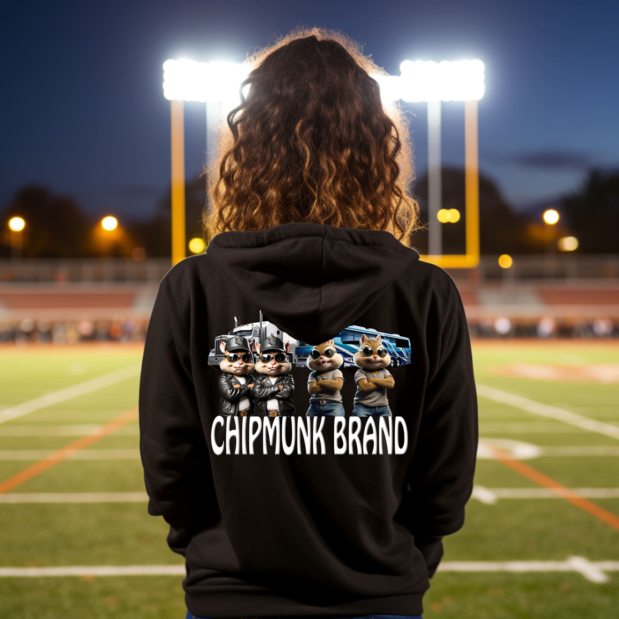 A person with curly hair is wearing a black hoodie featuring cartoon chipmunks and the text "CHIPMUNK BRAND" on the back, standing on a sports field at night with stadium lights in the background.