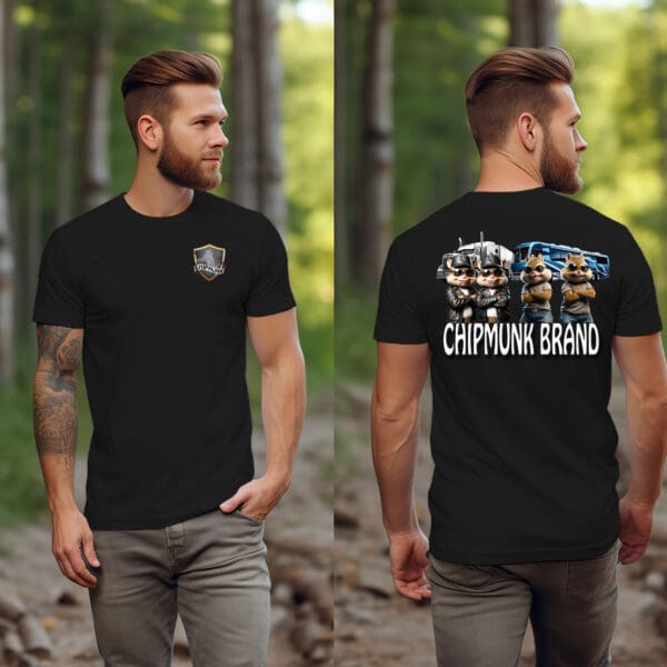 A man with a beard stands in a wooded area, wearing a black "Chipmunk Family T-Shirt." The front has a small patch, while the back features cartoon chipmunks and the brand name.