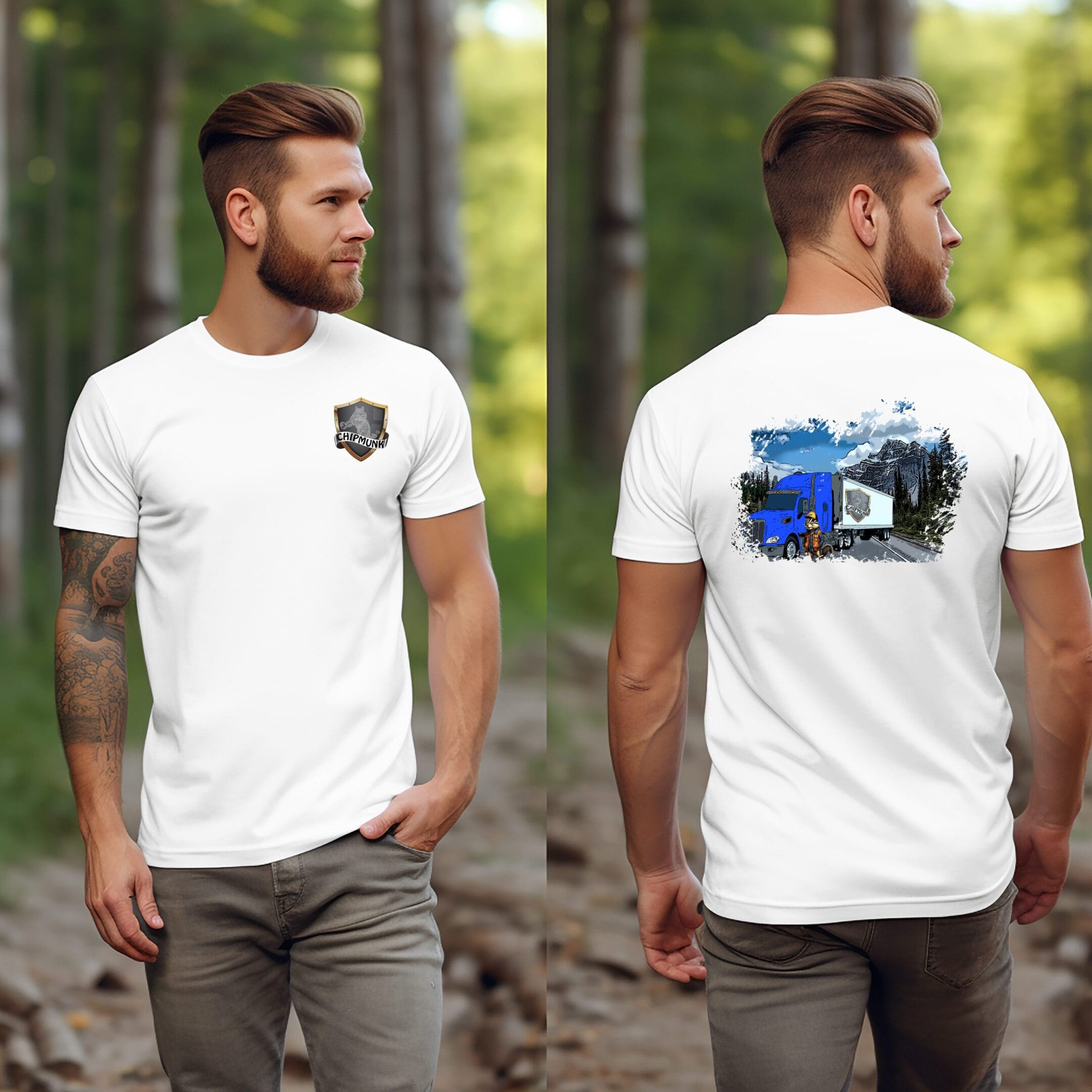 A man is standing in a forest wearing a white Chipmunk Trucker Shirt. The shirt features a small logo on the front left and a blue truck with a trailer depicted against a mountainous background on the back.