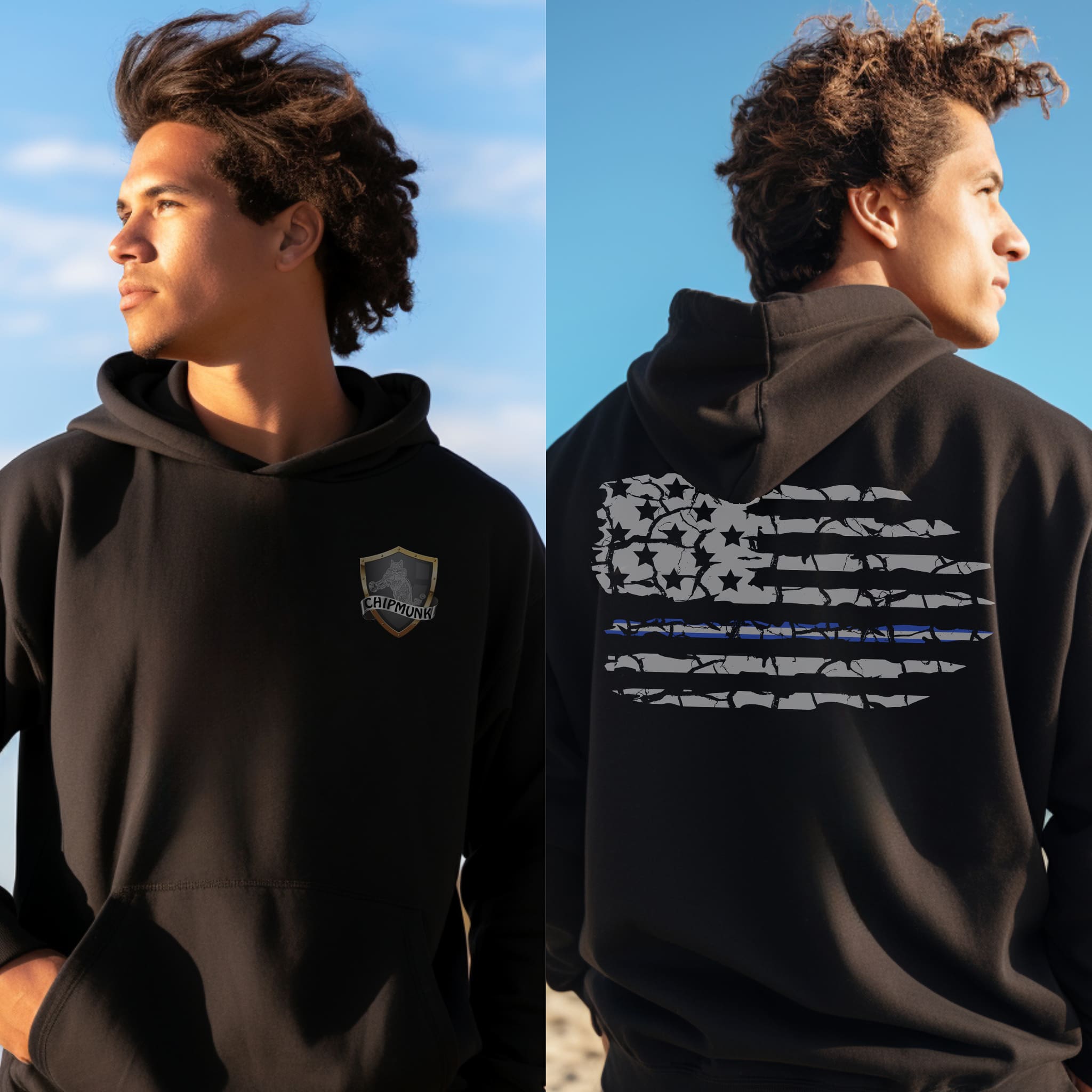 Side-by-side image of a person wearing the EMS Support Hoodie, featuring a badge on the front and a flag design on the back, standing outdoors in a sunny environment.