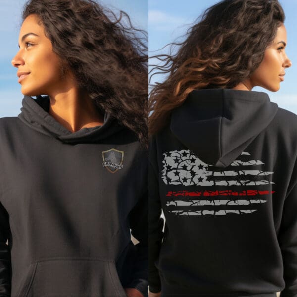 Two views of a woman wearing the Firefighter Support Hoodie. The front has a small shield logo on the chest, while the back features a distressed American flag design with a red stripe. She looks to the left in both images.