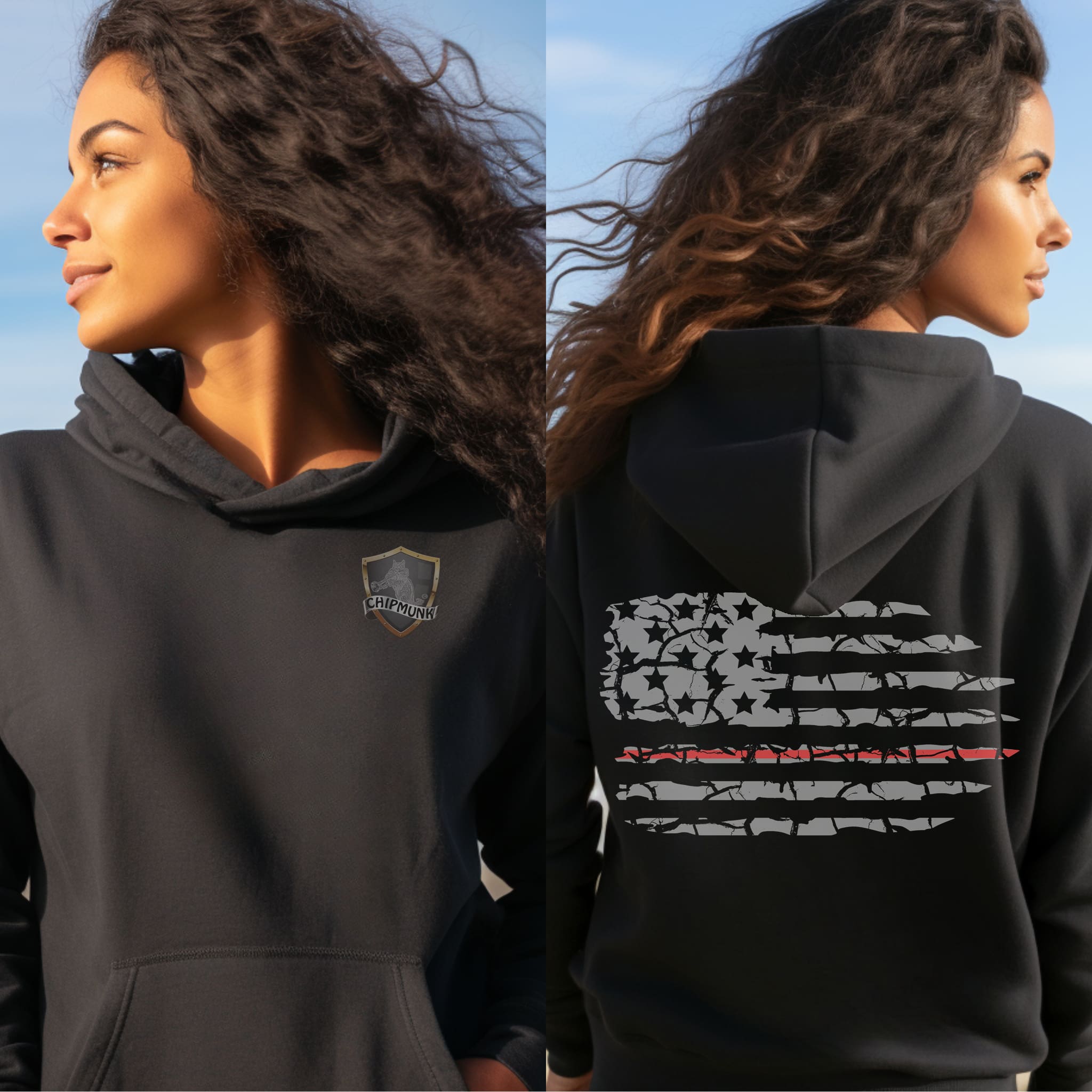 A woman is shown from two angles wearing the Nurse Support Hoodie. The black hoodie features a small logo on the front and a stylized American flag with a red stripe on the back. She stands outdoors, with her hair flowing.