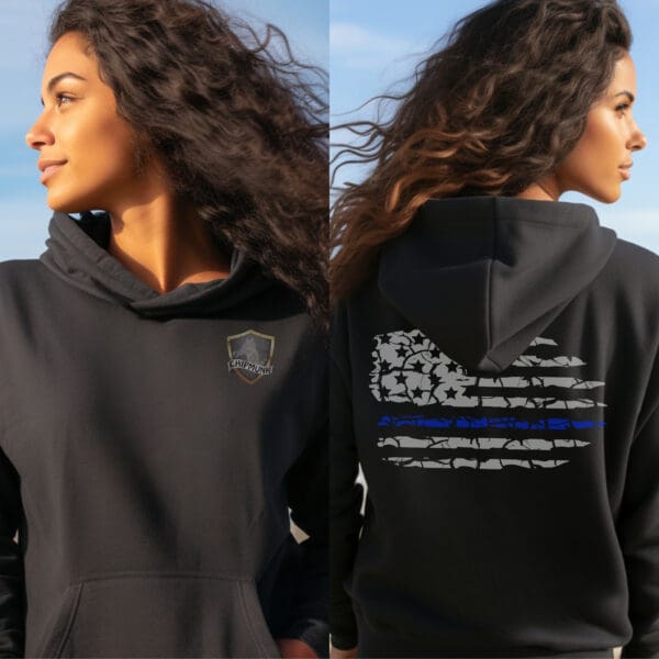 A woman with long curly hair is shown from the front and back wearing the Police Support Hoodie. The front features a small emblem, while the back displays a stylized flag design with shades of blue, black, and grey.