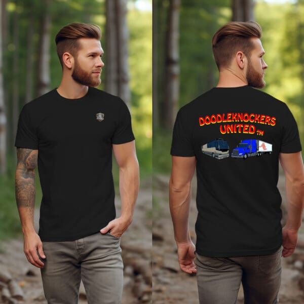 A man standing outdoors wearing a Doodleknockers Bus and Truck T-Shirt. The front of the black t-shirt features a small emblem on the left side, while the back showcases "DOODLEKNOCKERS UNITED" along with images of a bus and a truck.