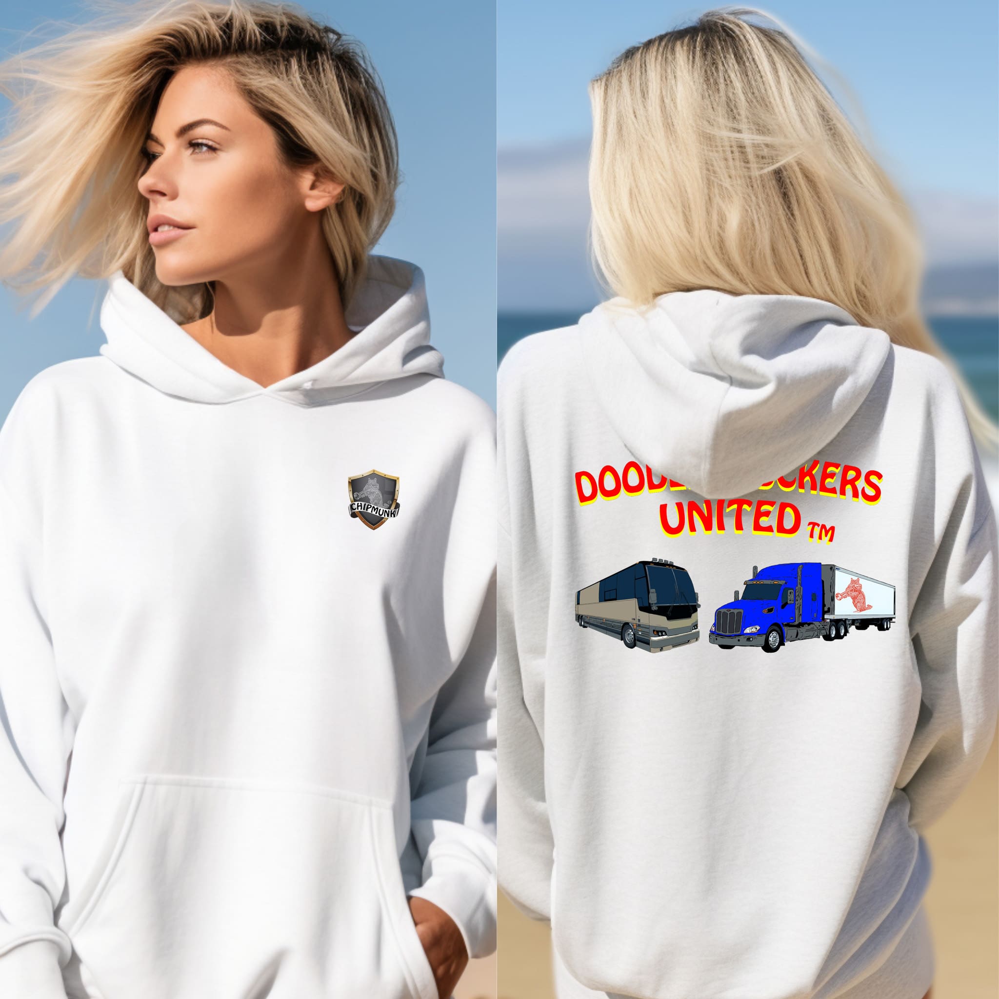 A woman is wearing the Doodleknockers Bus and Truck Hoodie, which showcases a logo design on the front and "Doodle Truckers United" with vehicle illustrations on the back.