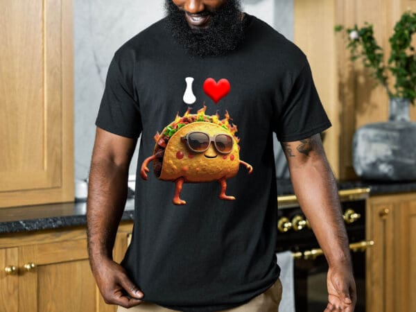 A man stands in a kitchen wearing an "I Love Hot Taco T-Shirt," which features an illustration of a taco with sunglasses and arms, with "I ❤️" above it.