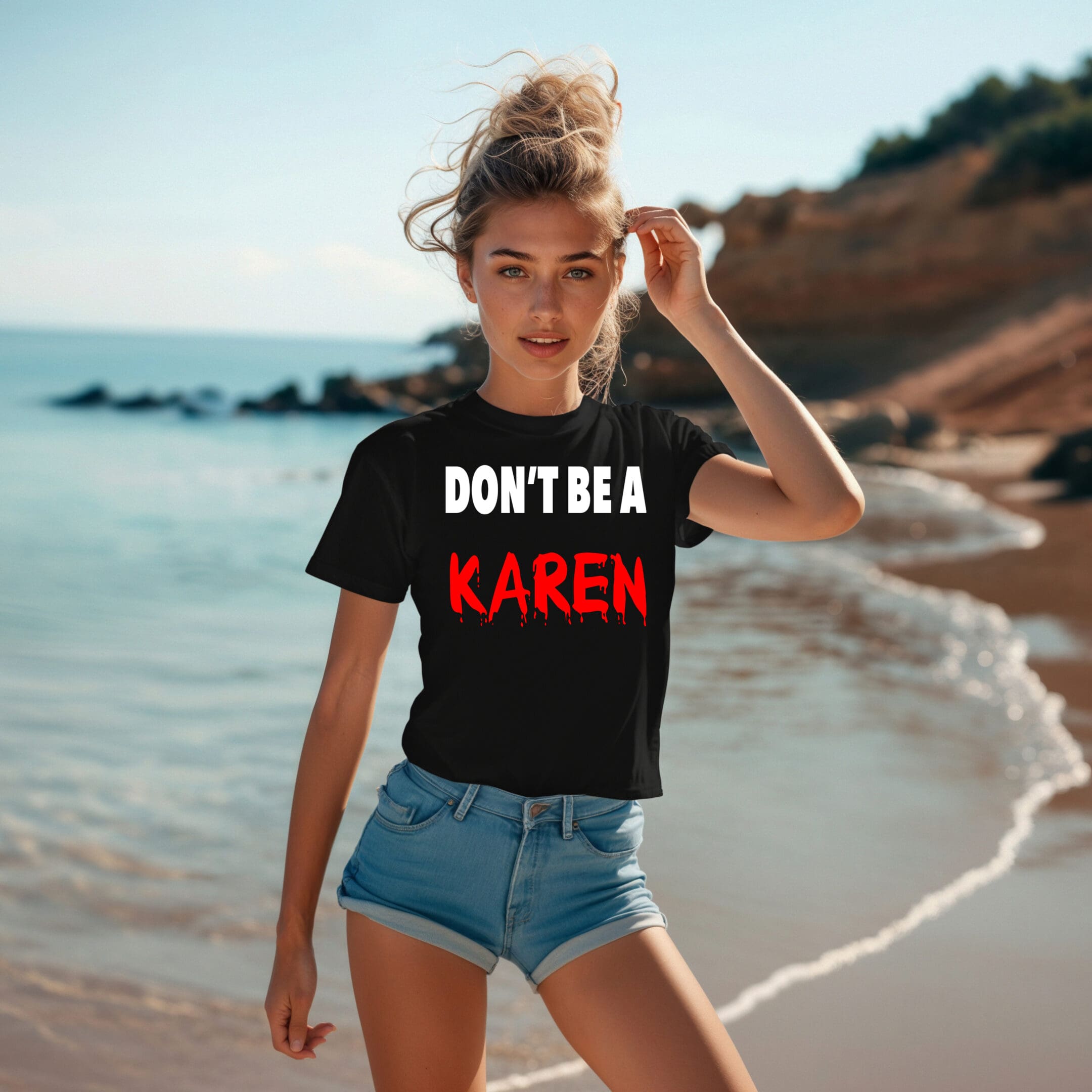 Person standing on a beach wearing the "Don't Be a Karen" T-Shirt, which features black fabric and red text.