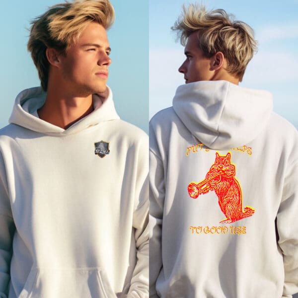 Two images of a person wearing the "Put Your Lips To Good Use Hoodie" in white. The front view displays a small shield logo, while the back view showcases a large red wolf design accompanied by the text "Put More Wood On The Fire.