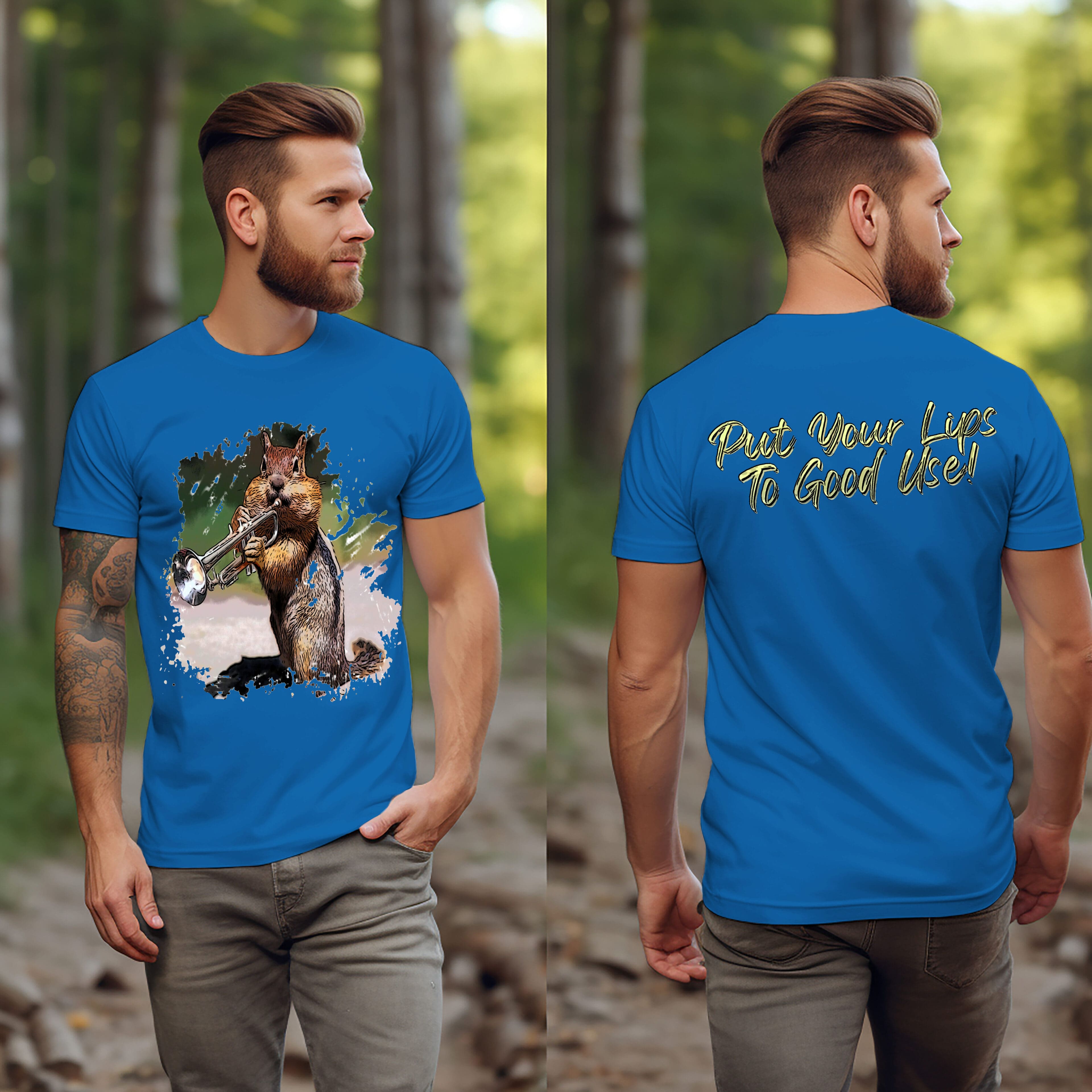 A man in an OG Chipmunk T-Shirt, which features a squirrel playing a trumpet on the front and the text "Put Your Lips To Good Use!" on the back, is standing outdoors.