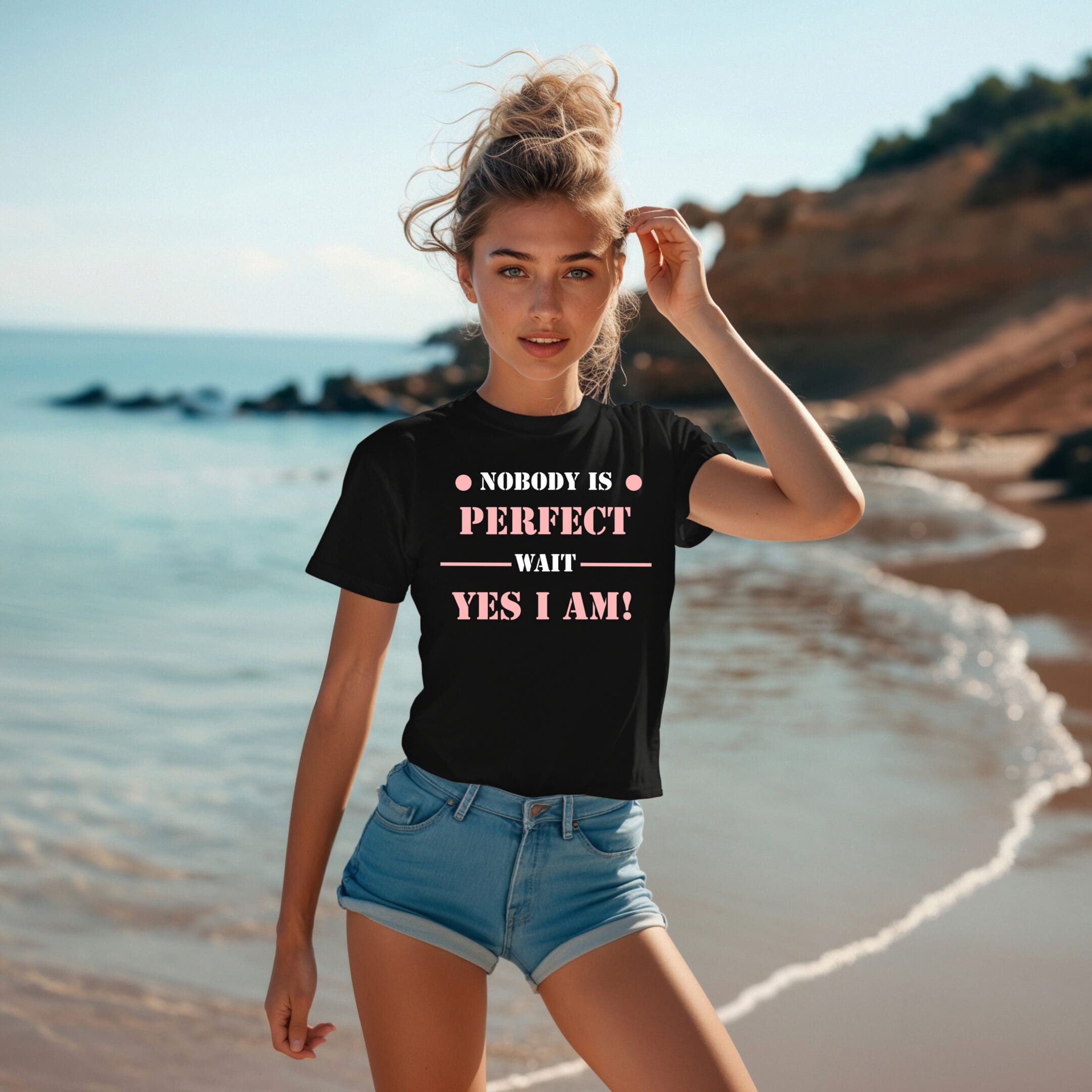 A person with a ponytail stands on a beach, wearing the "Nobody Is Perfect" Statement T-Shirt and denim shorts.