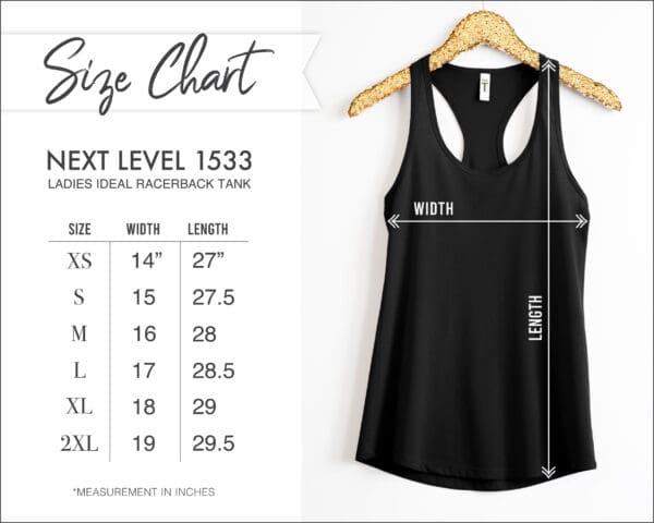 Size chart for the Madam's Ideal Racerback Tank, displaying dimensions in inches for sizes XS to 2XL, alongside a black tank top on a hanger with markers indicating width and length.