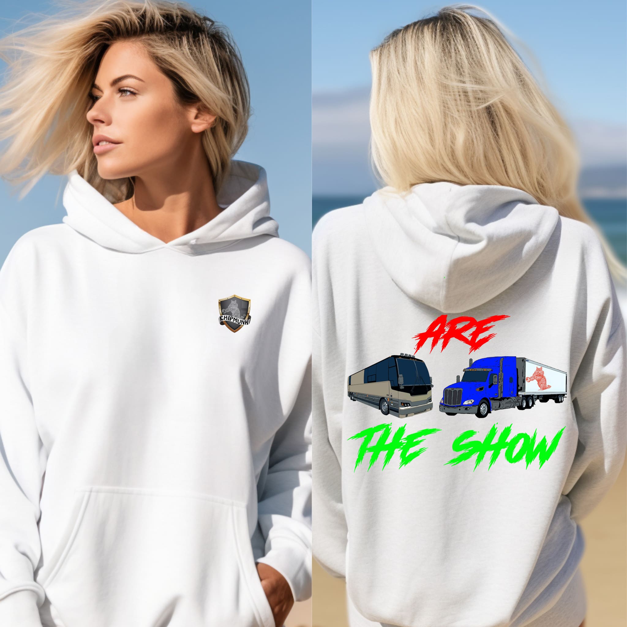 A person wearing The Show Hoodie, which is white and features a small crest on the front. The back displays vibrant graphics of vehicles along with the text: "ARE THE SHOW.