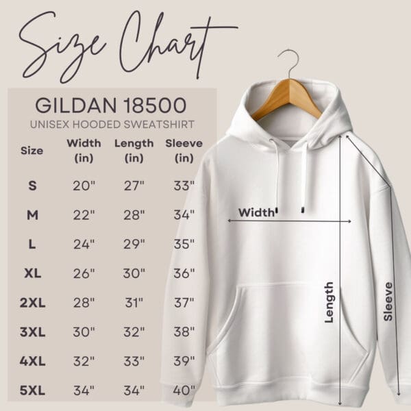 A size chart for the Guardian Belle: Fighting Cancer to the Finish hooded sweatshirt. Displays hoodie measurements for sizes S to 5XL, including width, length, and sleeve length, alongside a hoodie on a wooden hanger for reference.