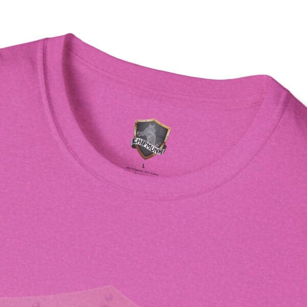 Close-up of a pink t-shirt collar featuring the Chipmunk brand logo and size label, from the "Be Kind in Sign Language" collection.