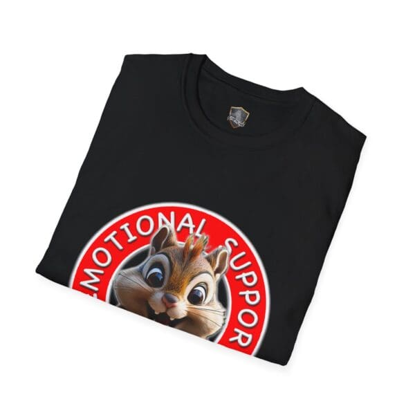 A black T-shirt with a cartoon chipmunk and the phrase "Emotional Support" encircled in red, folded neatly.