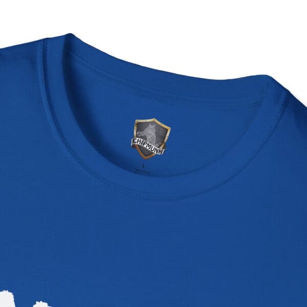 Close-up of a blue Camel Tow T-shirt with a Chipmunk logo on the inside collar tag.