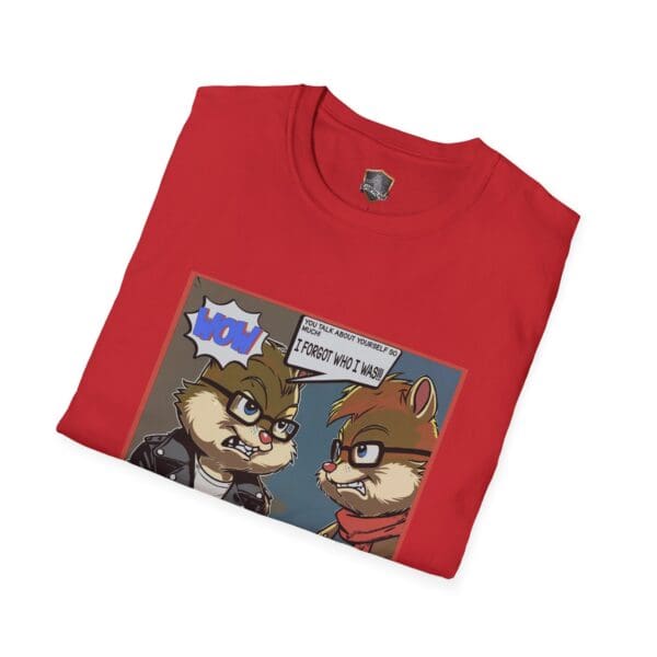 The Overt Narcissism - Forgetting Myself Graphic Tee is a red shirt showcasing a cartoon with two illustrated characters in a tense dialogue, one wearing a leather jacket and the other with glasses.