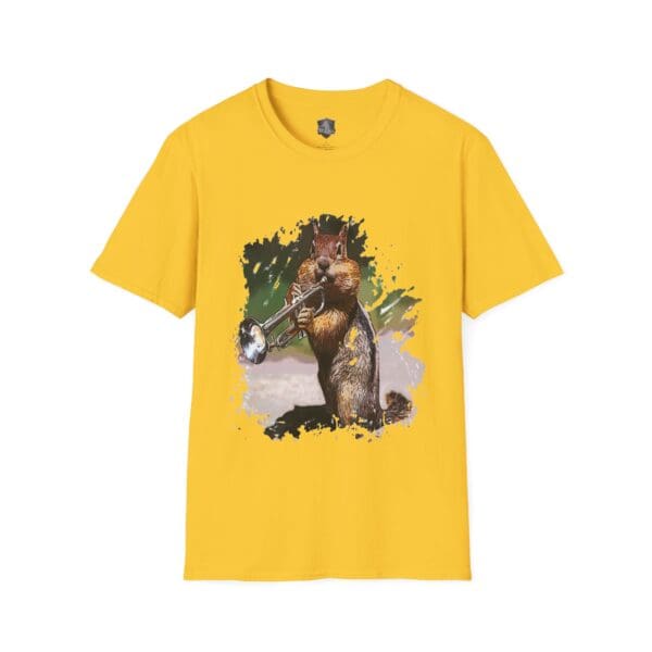 OG Chipmunk T-Shirt in yellow, showcasing a graphic of a chipmunk playing a trumpet set against an artistic background.