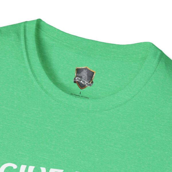 Close-up of the collar of a "Give Me The Tips" T-shirt in green, featuring a Chipmunk brand label and size information printed inside.