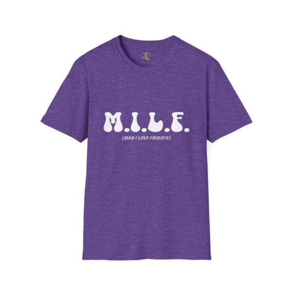 M.I.L.F. (Man I Love Fridays) T-shirt in purple featuring large white letters.