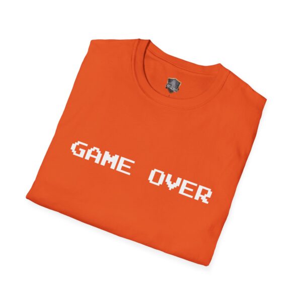 Folded Game Over T-Shirt in orange, featuring a white pixelated "GAME OVER" design on the front.