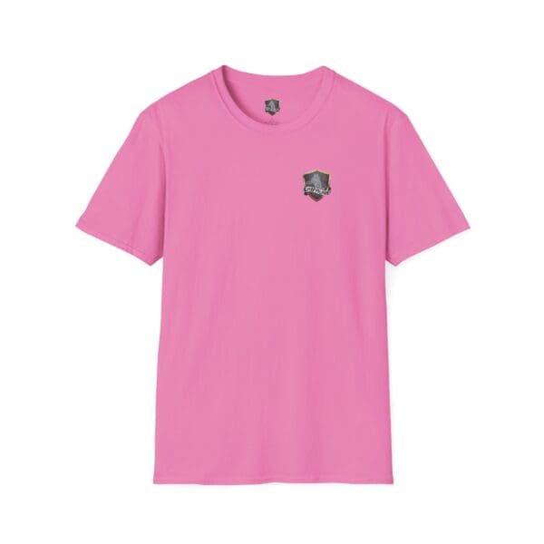 Pink F Cancer Childhood Cancer Awareness T-shirt featuring a small shield emblem on the left chest area.