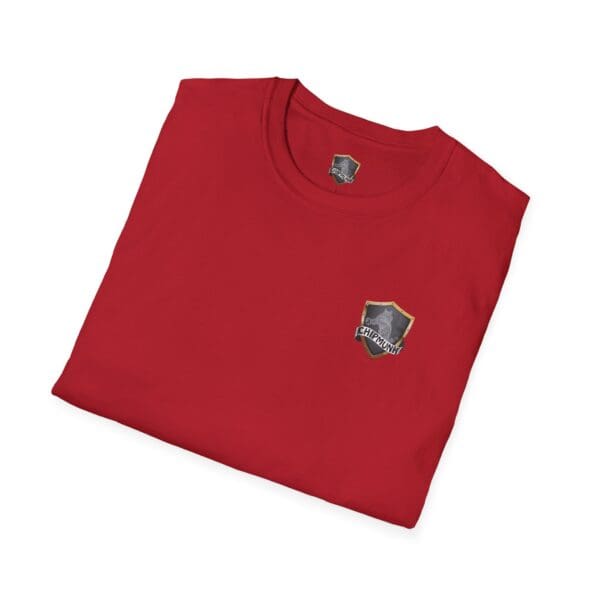 Folded red Chipmunk Family T-Shirt featuring a small shield logo on the chest with the word "Saints.