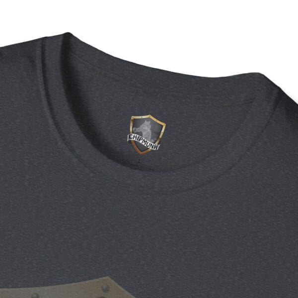 Close-up of the Good Vibes Only Shirt in gray, showcasing a small emblem with a shield design and the word "Chipmunk" near the collar.