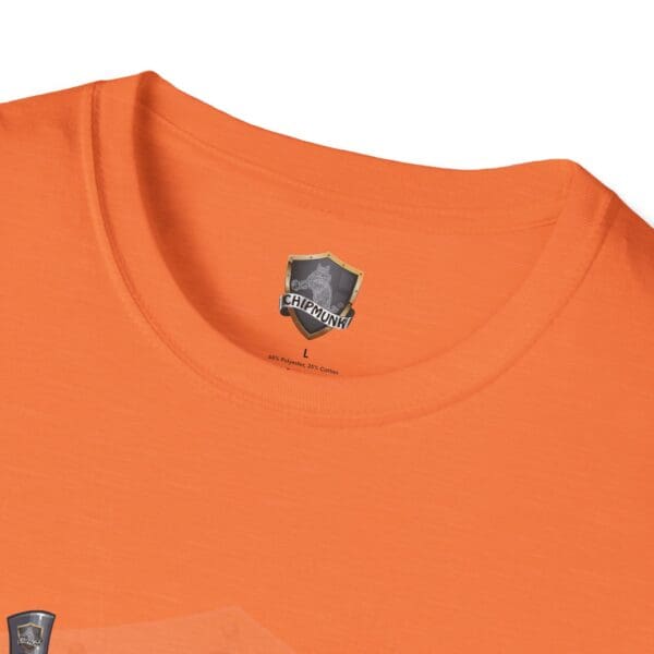 Admission T-Shirt in orange featuring a close-up of the neckline and label with "Chipmunk" and size "L," made of 65% polyester and 35% cotton.