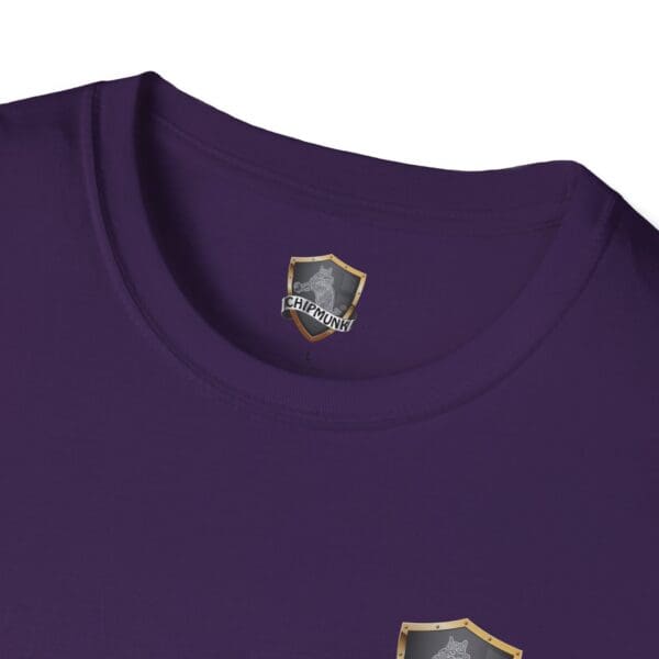 A Chipmunk Family T-Shirt in purple featuring a logo and shield design on the collar.