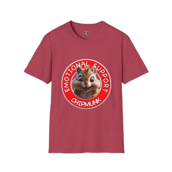 Red Emotional Support Chipmunk T-Shirt showcasing a cartoon chipmunk within a circular design.