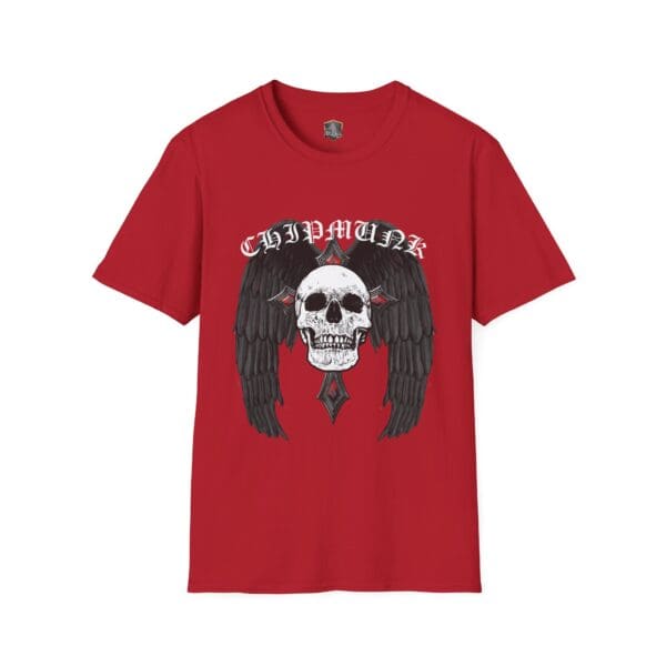 A red Gothic Art T-Shirt displaying a skull with black wings and the word "Chipmunk" in gothic font above it.