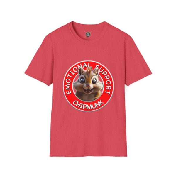 This is a red T-shirt featuring a circular graphic design with a chipmunk and the phrase "Emotional Support Chipmunk.