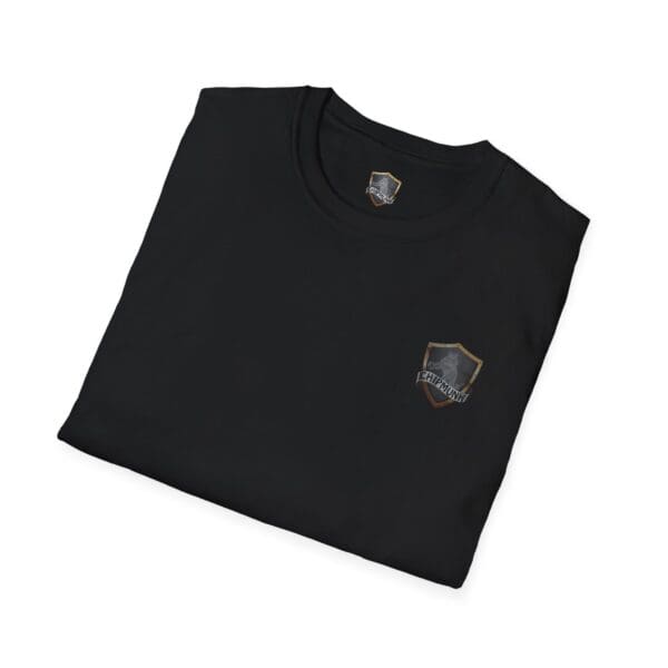 Black t-shirt featuring a small shield logo on the front, with the design inspired by the Distressed American Flag Shirt supporting Military and First Responder colors.