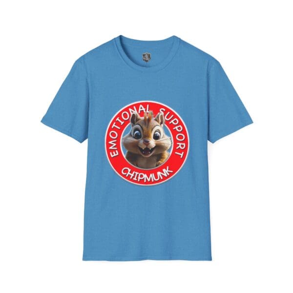 Cartoon chipmunk inside a red circle on a blue t-shirt, featuring the text "Emotional Support Chipmunk.