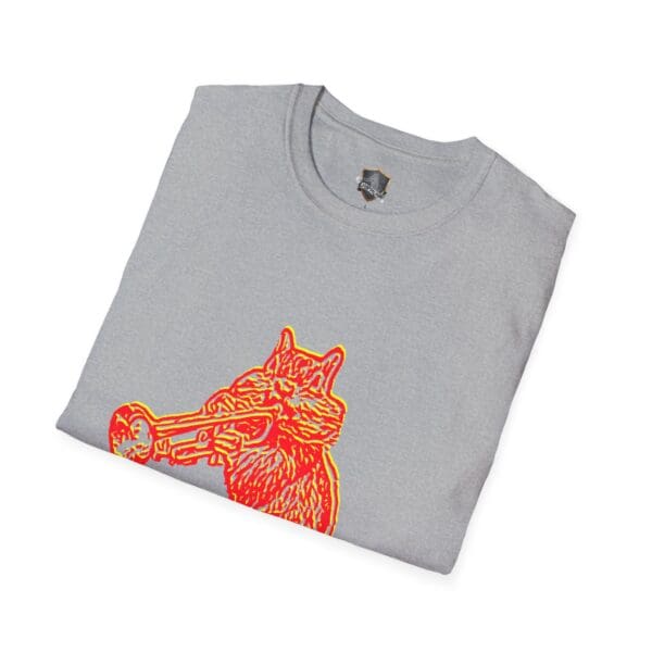 Gray Chipmunk T-Shirt neatly folded, featuring a red and yellow outline of a cat playing a trumpet.