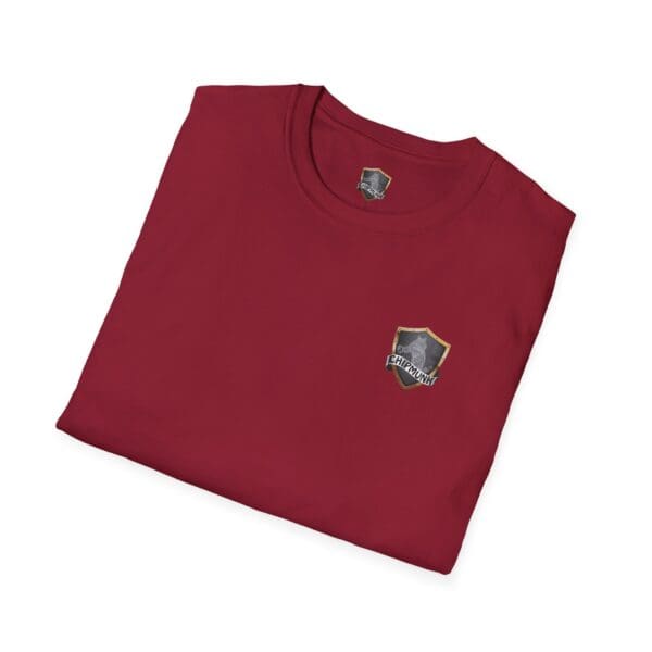 Folded Chipmunk Family T-Shirt in maroon featuring a crest logo on the chest and a neck label, placed on a plain white background.