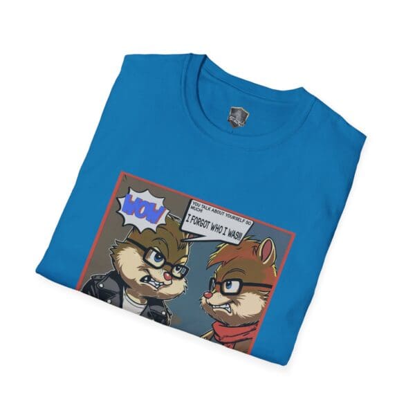 Overt Narcissism - Forgetting Myself Graphic Tee in blue, showcasing a comic-style frame with two chipmunks, one wearing a leather jacket and the other with glasses.