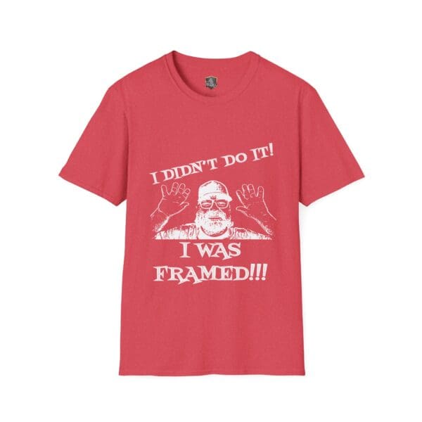 George the Roadie's Iconic Icebreaker T-Shirt features a red design with bold white text exclaiming "I DIDN'T DO IT! I WAS FRAMED!!!" alongside an illustration of a person with raised hands.