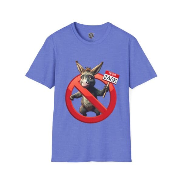 Blue "Don't Be A Jack Ass" t-shirt featuring a donkey illustration with a "Hello, my name is Jack" tag inside a red circle and line.