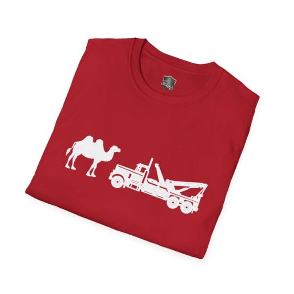 Camel Tow red t-shirt featuring a white silhouette print of a camel and a tow truck.