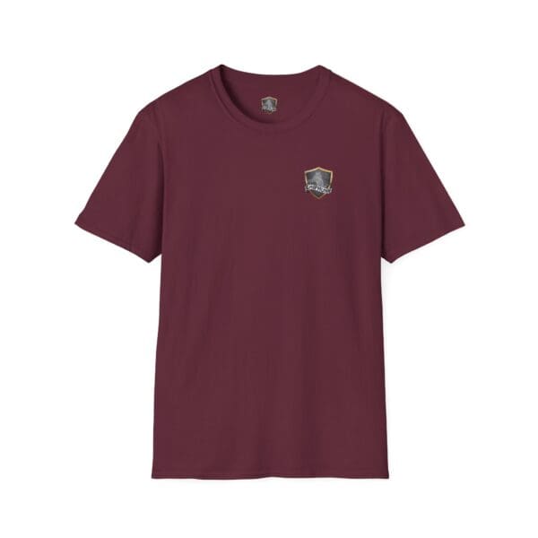 Chipmunk Family T-Shirt in maroon featuring a small shield emblem on the left chest area.