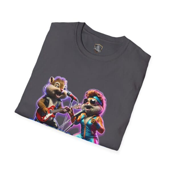 A folded Chipmunk Retro t-shirt featuring two animated chipmunks, with one singing into a microphone and the other playing an electric guitar.