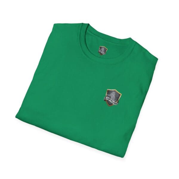 Green folded F*ck Cancer Ribbon T-Shirt with a small shield logo featuring a helmet on the upper left side.